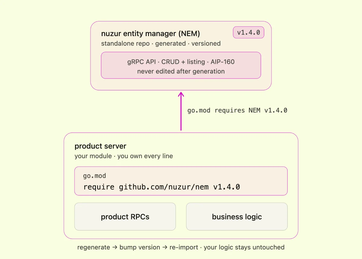 Diagram showing the generated NEM module imported by the product server as a dependency